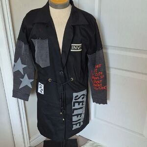 INVT Women's Long Denim Jacket  Star Design, Drawstring Waist Belt, Black New